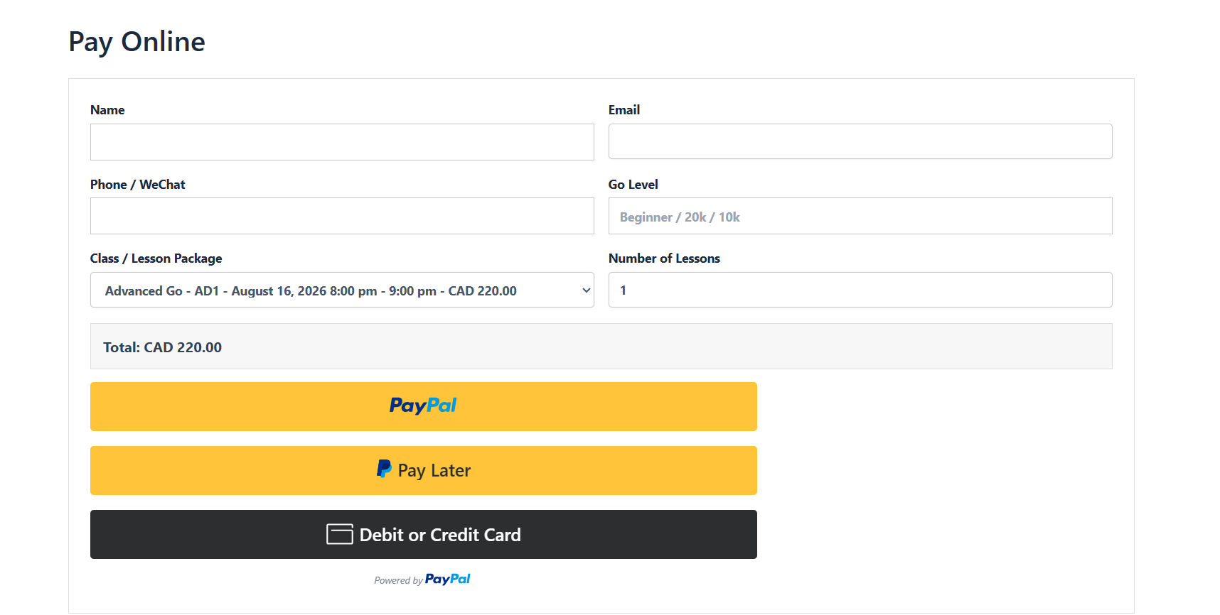 Go Academy Pay Online page